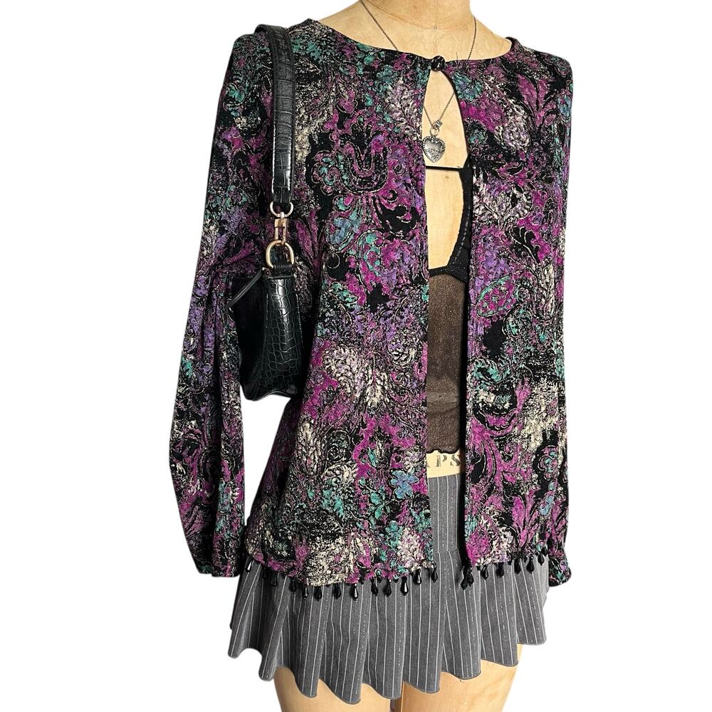 MSK Retro Print Open Front‎ Top Beaded Tassel Hem Layering Size L - Picture 3 of 9